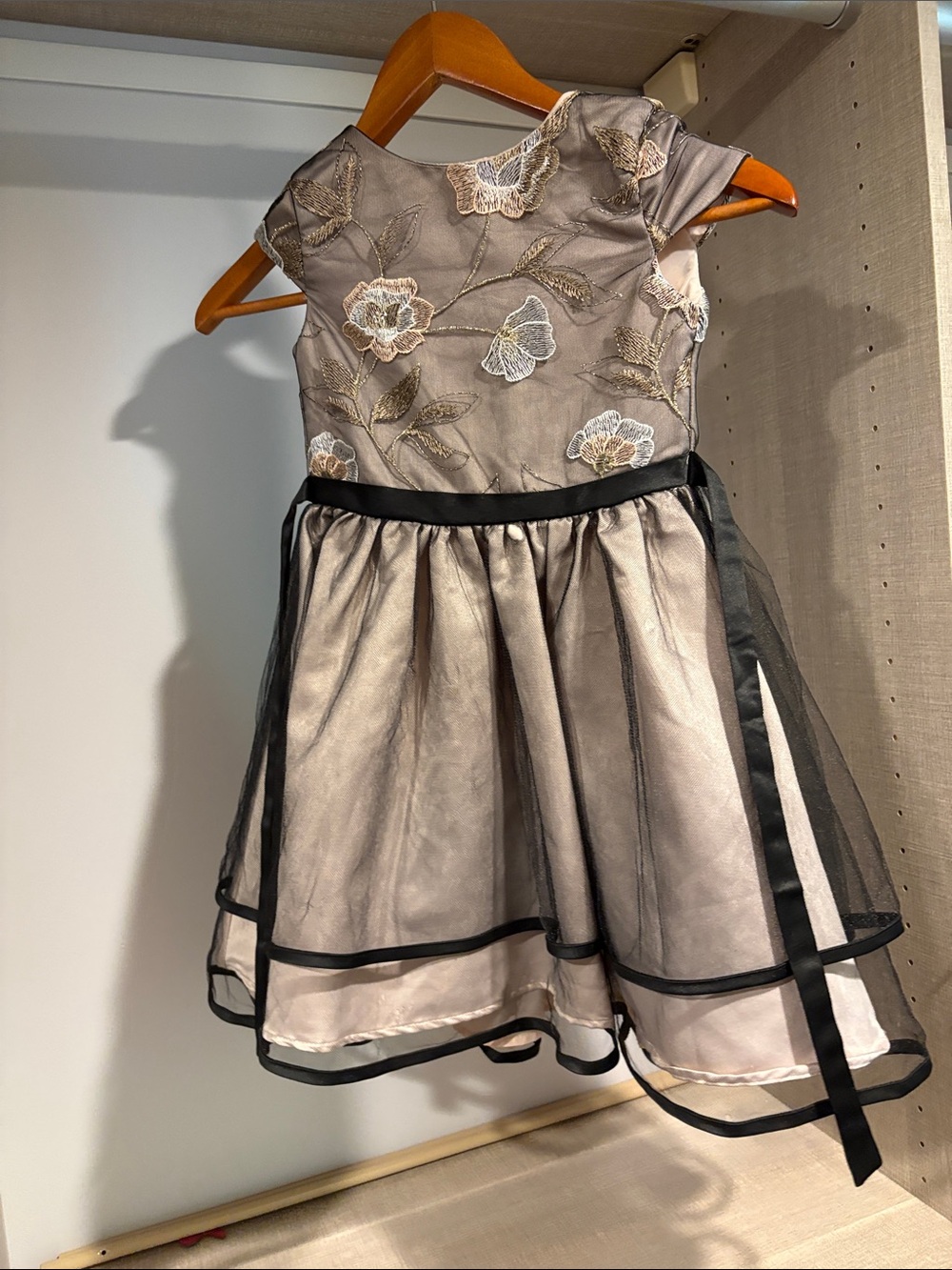 Us Angels Silver Gray Floral Organza Party Dress with Black Trim